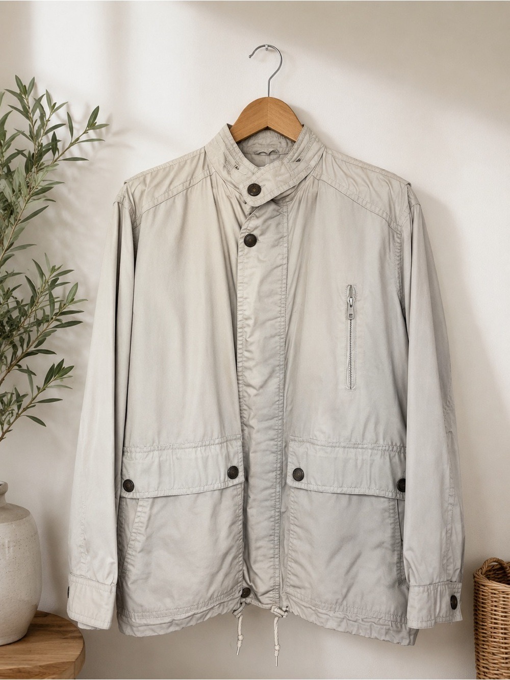 Vintage London Fog Tempo Europa Utility Rain Jacket Hidden Hood Ivory Beige M